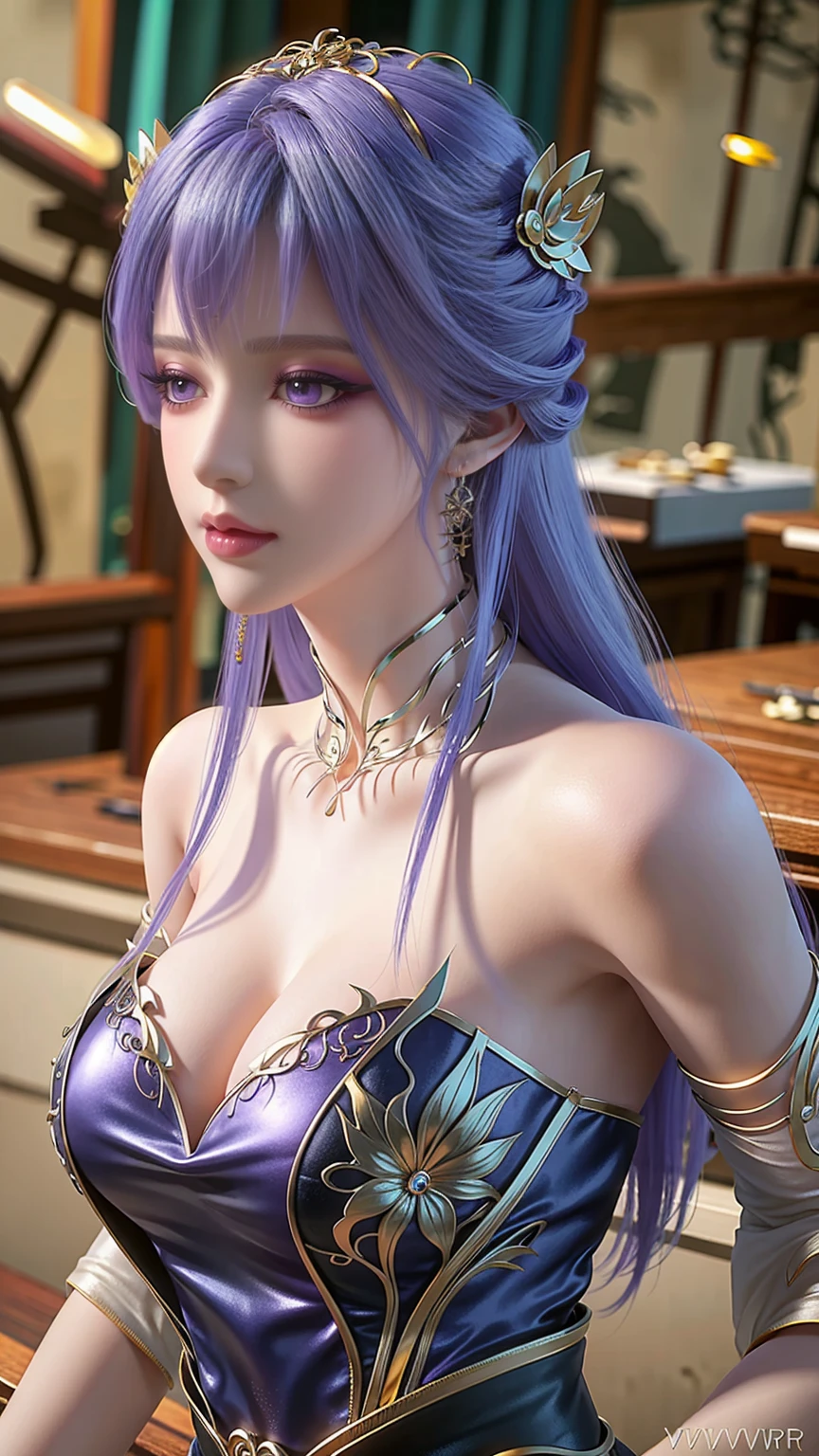 best quality, tmasterpiece,Ultra-high resolution,Clear face,(Reality:1.4),ferpect lighting, (photorealistic:1.50), anime wallpaper, Guviz style artwork, cover-up fantasy up to magic , by Yang J, Guviz, beautiful artwork illustration, beautiful digital artwork, beautiful digital illustration, Li Song, beautiful anime portrait, art style in Beauvot,(crystalstexture skin:1.5), (extremely delicate and beautiful),
1girl, solo, jewelry, long hair,bare shoulders, purple hair, looking at viewer,earrings, delicate lace, lace, (white skin), 3d, (large breasts:1.2), hair ornament, soft lighting, natural lighting, day, sky, wisteria, outdoors, (detail color:1.3), (ferpect lighting), (Glowing skin:1.3), (oil skin), standing, (upper body), (looking at viwer:1.5),