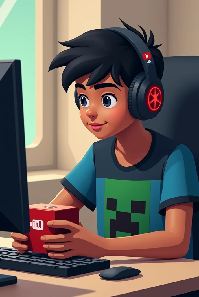 Create an image of a Minecraft figure of a young man sitting in front of a computer setup. He has brown skin and wears black and red headphones., displaying a discreet logo. Ele tem um Bblack hair e está vestido com uma camisa azul e preta com a carinha do creep do Minecraft além de além de ter um bloco da logo do YouTube na suas mão. Bblack hair ."Bblack hair"