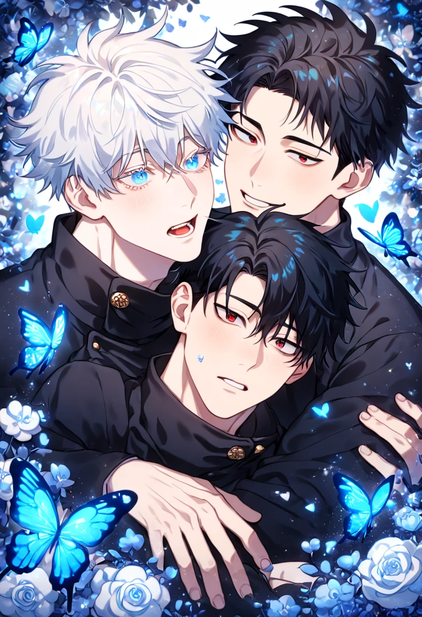 absurdres, highres, ultra detailed, HDR) master piece, best quality, extremely detailed, detailed eyes, detailed face, delicated features, Kang Woojin, black hair, messy hair, expressive red eyes, Love Jinx, Gojou Satoru, white hair, expressive blue eyes, white eyelashes, two sexy men hugging, yaoi, gay couple, in love, handsome, manly man, adult face, mature man, jujutsu Kaisen uniform, black uniform, high collar, fantasy, magical, glittering, water, blue flames, blue moon, blue flowers, blue butterflies, garden, Jujutsu Kaisen