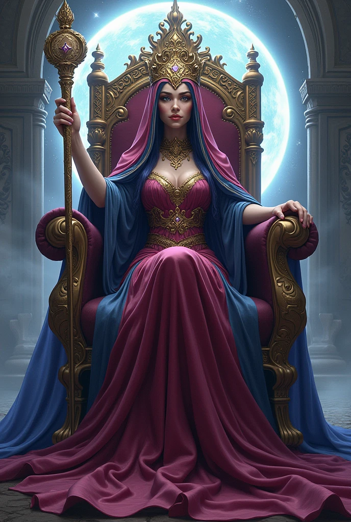 a woman dressed as a sorceress, long multicolor robe. with a setro in her hand, with her crown on her head, perched on a beautiful throne, behind her she has a portal open to another dimension.