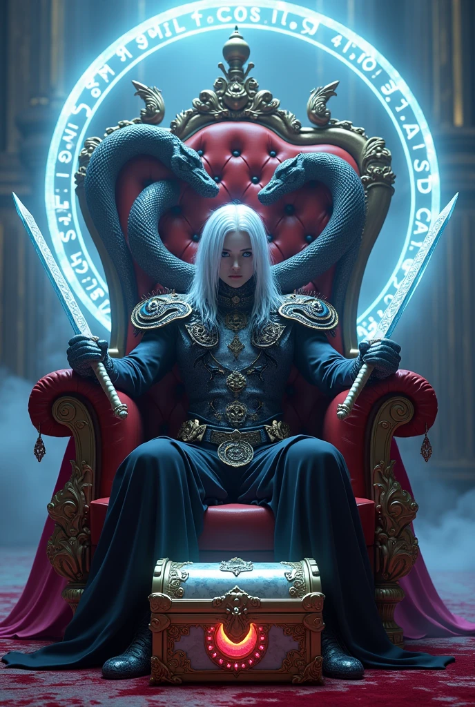 Surreal Very detailed Ultra Fantasy Ultimate Details Ultra-high resolution 8K 32k 3D Clear Eyes Silver Hair Sit on a chair 、In each hand he holds a sword emanating a pale blue flame of mysterious energy.. assassin Demonic anacondas on both shoulders mechanical engineering Mechanic Art . intricate and elaborate design, おMoney, Money Silver Silver Red Black-purple Dynamic pose Cinema Lighting Magical spell aura Sit on a chair Magic circle design big, luxurious amulet made of Money Bright colors girl A gorgeous and mysterious magician Gorgeous, Mysterious and cool tiara The ultimate mysterious design Satanism Demonic rainbow armor Mysterious demonic chair textured armor girl Breaking the Magic Seal 足元にキラキラ輝くbigきな宝石箱を置く