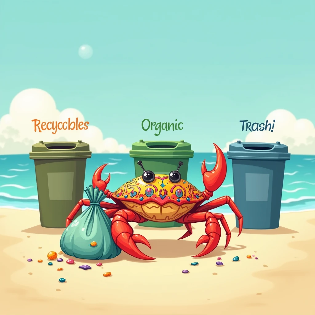 A cute crab carries a bag of trash to the trash can on the beach., Garbage is sorted into three bins. (recycle, Organic, other trash)