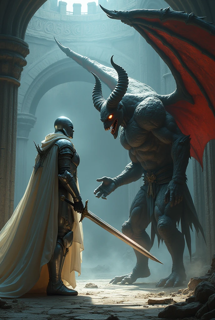 White knight vs demon with bat wings ram horns muscular bodybuilder dark dungeon shining sword