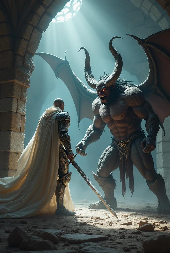 White knight vs demon with bat wings ram horns muscular bodybuilder dark dungeon shining sword