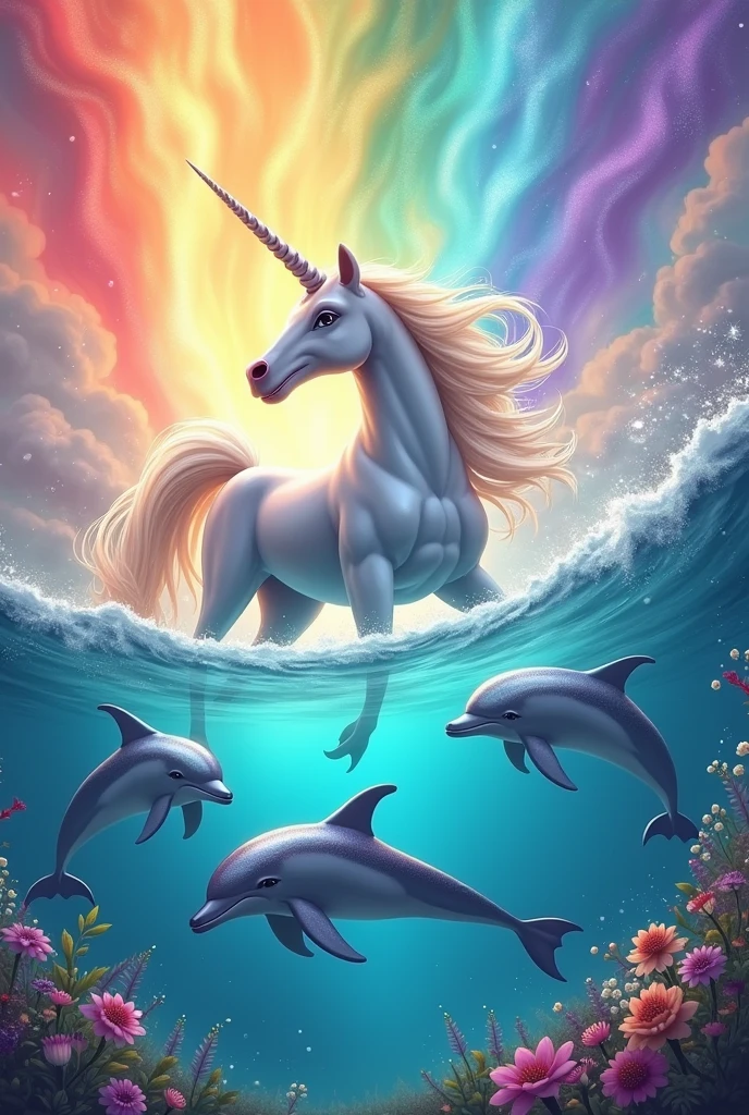 Unicorn and dolphins with rainbow background