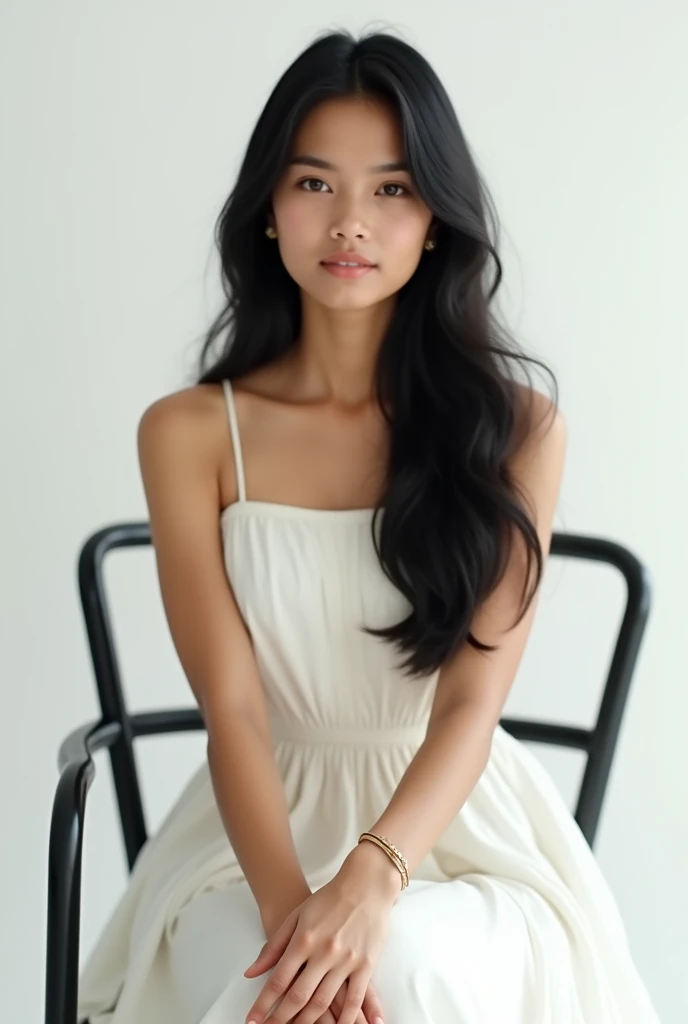 Creat a indian girl avtar seet on black chair in white colour stylish dress in hand brasslate, black hair. With white background .