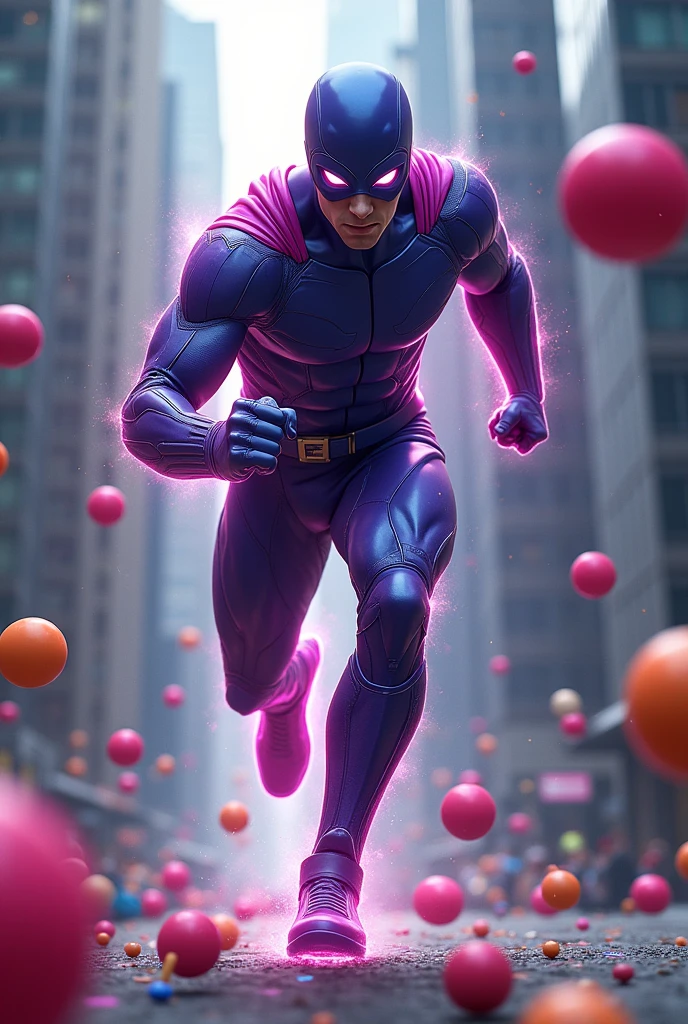 an edgy hero whose power is to control bouncy balls of all sizes.
His name is “The Bouncy Baller”.
He wears a purple and blue super suit that looks almost like athletics clothes and a mask to conceal his identity. He throws colorful balls of all sizes