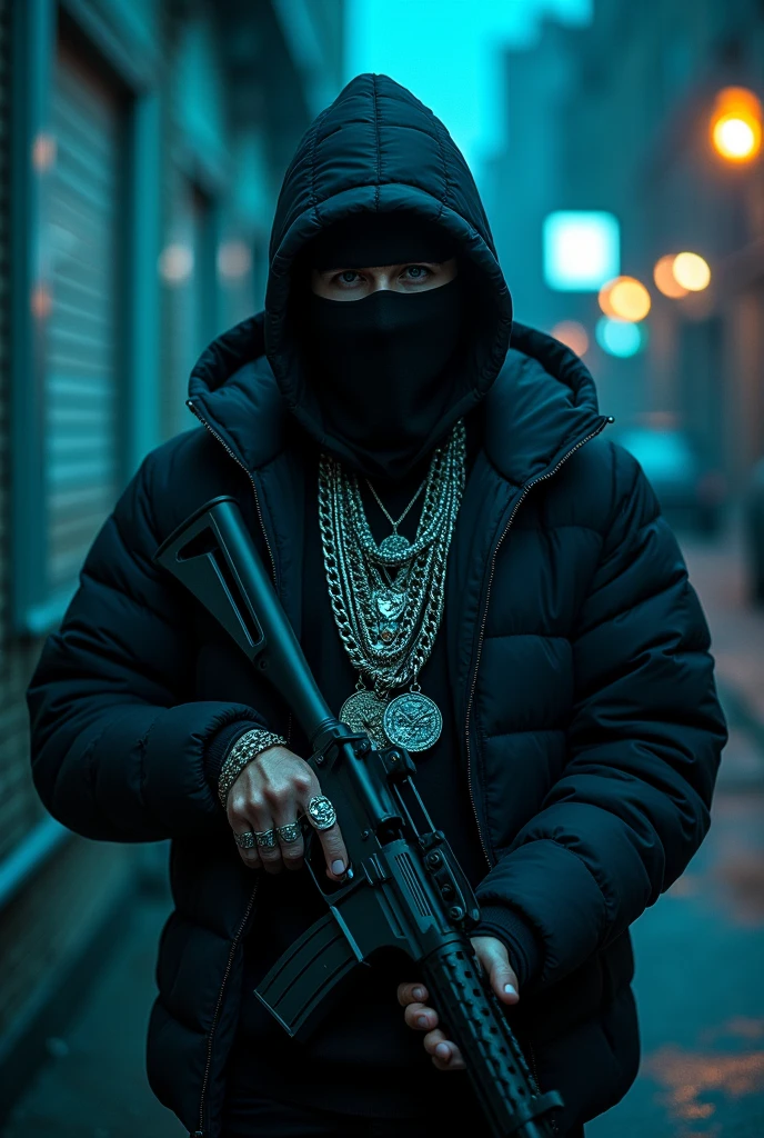 gta It appears that the image shows a masked person wearing a cap or balaclava, holding a gun while wearing multiple chains and flashy jewelry. The environment is a bit dark, with a light blue tone in the lighting. The image has a style that could be reminiscent of the aesthetics of rap or trap, often associated with an image of luxury and power.

Are you looking for a specific type of reference or description?? Or do you need some kind of editing or generation based on this image??