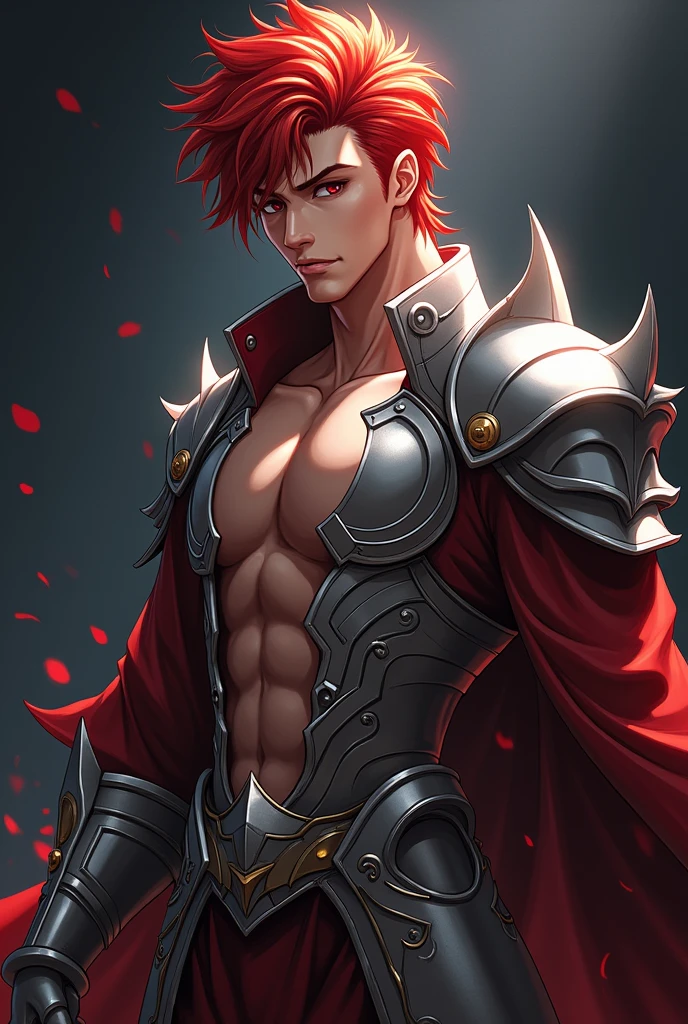 A boy in the style of Knights of the Zodiac (the lost canvas) Red-hair. attractive, handsome, muscular, with silver armor, Art image from the shoulders up, sexy, sexy fighting pose