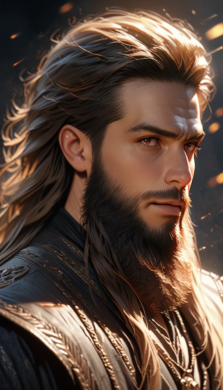 The male,mid - length hair,big beard,Burn marks on half of the face, --auto