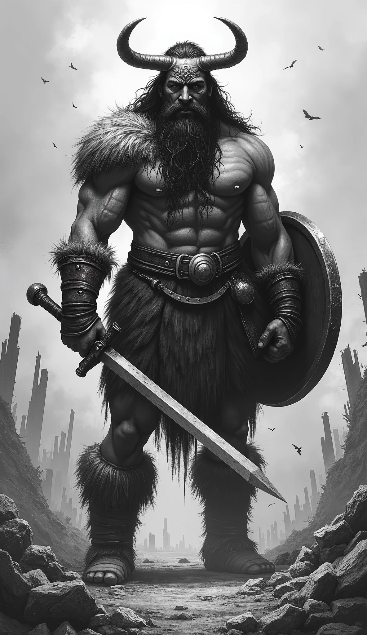 Muscular man. Realistic. Textured skin. Long wild dark hair. Long wild beard. Steel helmet with horns. Fur armor. Fur boots. Fur gauntlets. Long steel sword. Round hide shield. War paint on face. Ruined battlefield. Monochromatic.