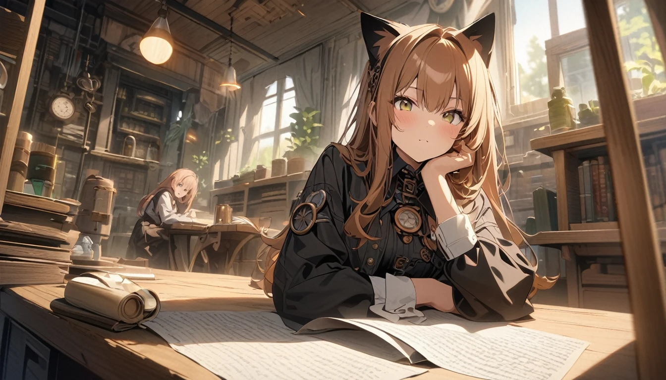 アニメ style,score up_9,score up_8,score up_7,source_アニメ,masterpiece,best quality,super fine illustration,super detailed,8k,1 girl,18yo,独奏,cute,Alchemist,Cat ear,Steampunk,fantasy,BREAK she is studying.BREAK she is teached by viewer.BREAK in Research Room, detailed background,beautiful background,