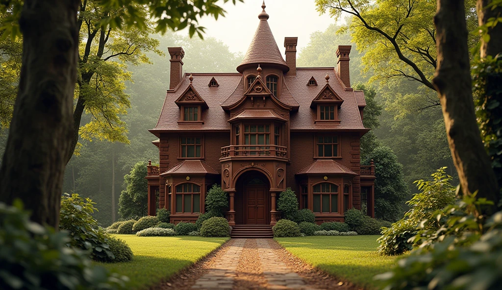 masterpiece, best quality, extremely detailed, hyperrealistic, photorealistic, (royal house), (house made of chocolate), chocolate world, chocolate door, chocolate windows, chocolate roof, at a forest, solar lighting