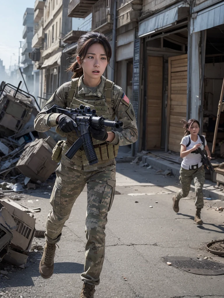 A female soldier runs with a machine gun through a war-torn city,Heavy breathing,