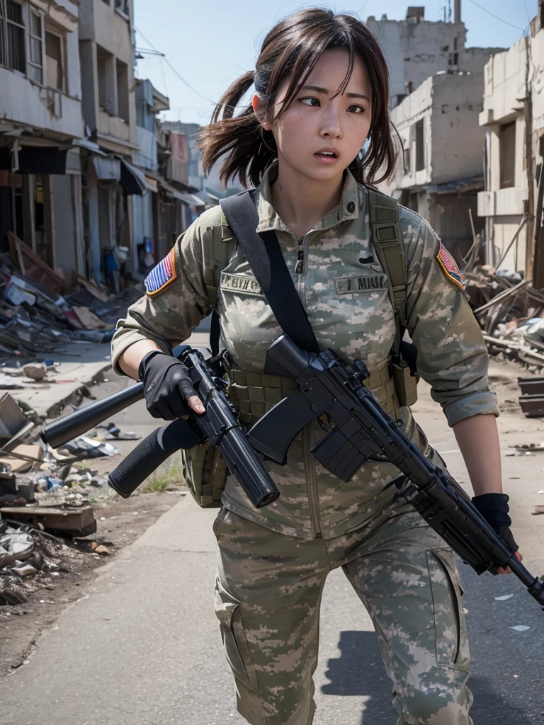 A female soldier runs with a machine gun through a war-torn city,Heavy breathing,