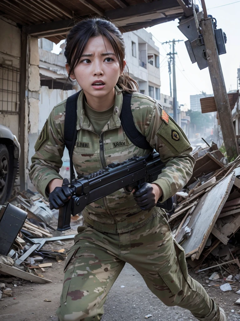 A female soldier runs with a machine gun through a war-torn city,Heavy breathing,