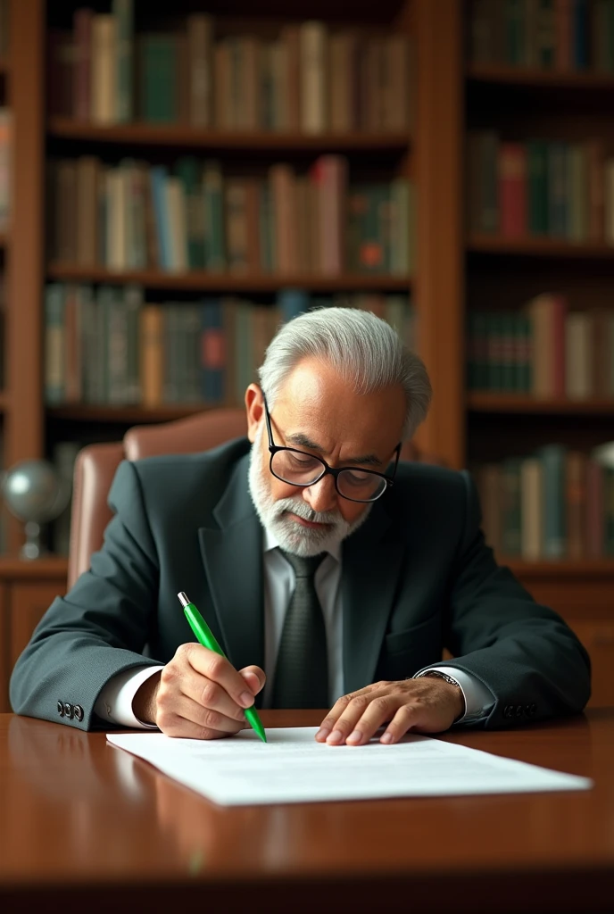 A Indian college principal signing a document with using green ball pen