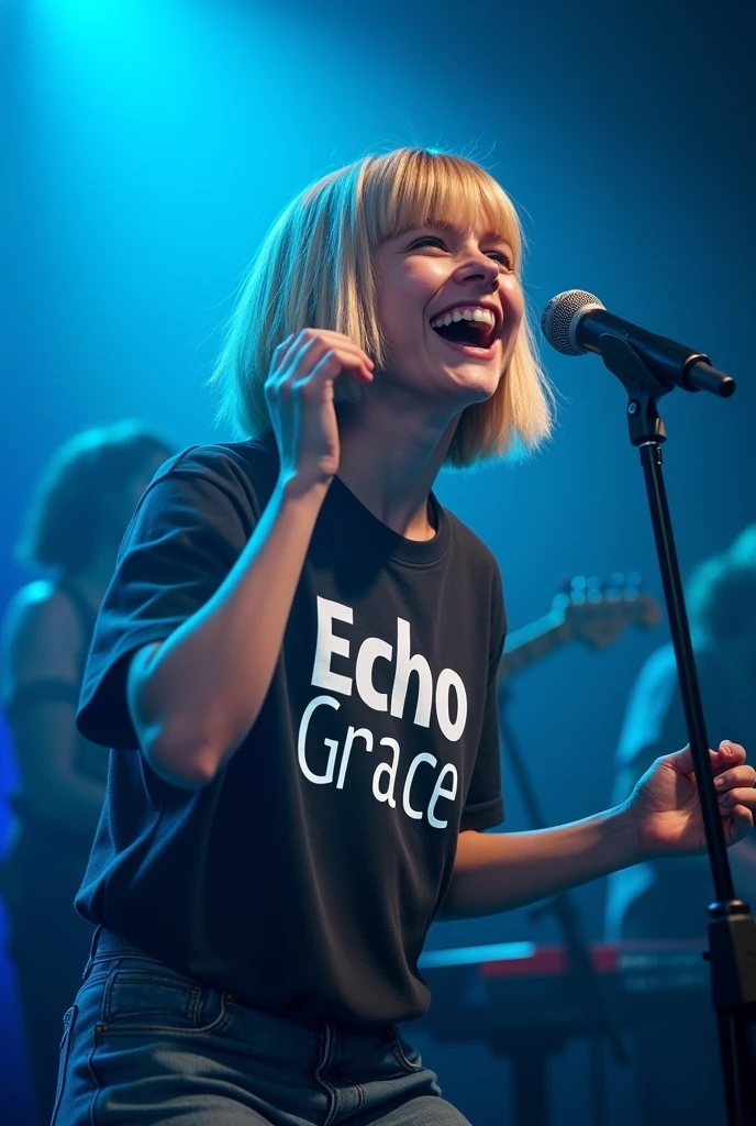 (Maximum quality, work of art: 1.3), teenage singer singing techno rock: 1, lights: 1.5, bob hair, hair blonde: 1.3, (holding microphone: 1.2), Shirt with Echo Grace written on it, comely, cerulean, Face ultra detailed, band playing keyboard behind detailed, praising God, feeling the presence of God. Singer with guitar in hands shouting into microphone, excited, Eco grace written shirt