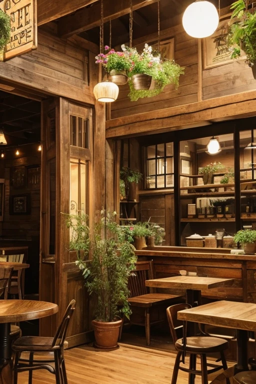Western style、Retro Pure Cafe、 Retreat、Like a secret base、quietly、Sunny Day、Foliage plant、Antique interior with rounded wood、calm down、A warm space、A relaxing space、Natural environment、Dried flowers hanging、The only man-made thing is the coffee shop、Antique lighting、There is no modern machinery、Only antique machines、