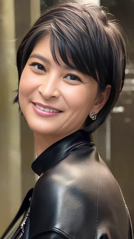 最high quality, 8k, Vibrant, Sharp focus, high quality, High resolution, Middle-aged women, Mature Woman, 5, (Whole Body Ezbian), (High heels face detail, Highly detailed eyes, ((big 1.6))、((Black leather clothing))、Bright smile、Bob Shortcut Hair、((Body posture from the waist up))、