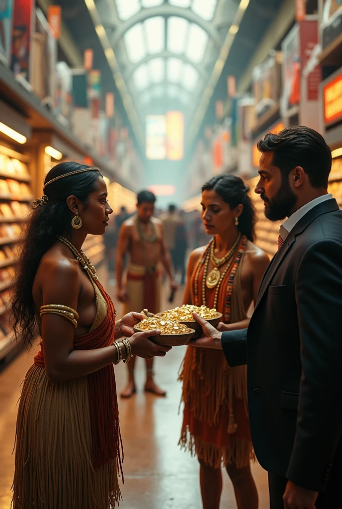 Indians exchanging gold for mirrors in the middle of a modern store