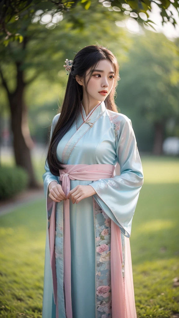 face and thigh),
1girl, (picture of a person wearing a modern hanfu),
"with a fusion of traditional Chinese elements and contemporary fashion", (Hanfu costume),
(Hanfu dress),
in pastel colors,
made of silk and lace, large breasts, mole, blurry background