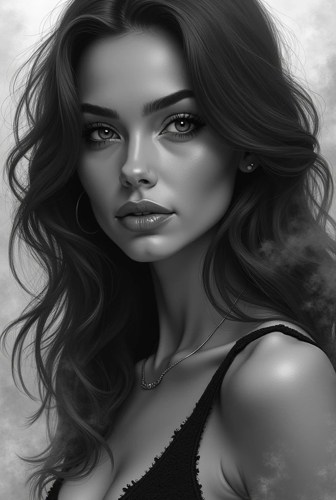 (high resolution, best qualityer:1.2),
Facial Focus, monocromatic, digitl art, arte linear, pencil lines with a lot of emphasis on light and shadow of a Caucasian woman, brown eyes with strong makeup, sharpy face, fine nose, strongly wavy brown hair, thick lips, mouth with a smile slightly turned to the right, psychedelic background, with smoke covering half of the body, in the city night, in ripped jeans, and the 70% transparent black tops.