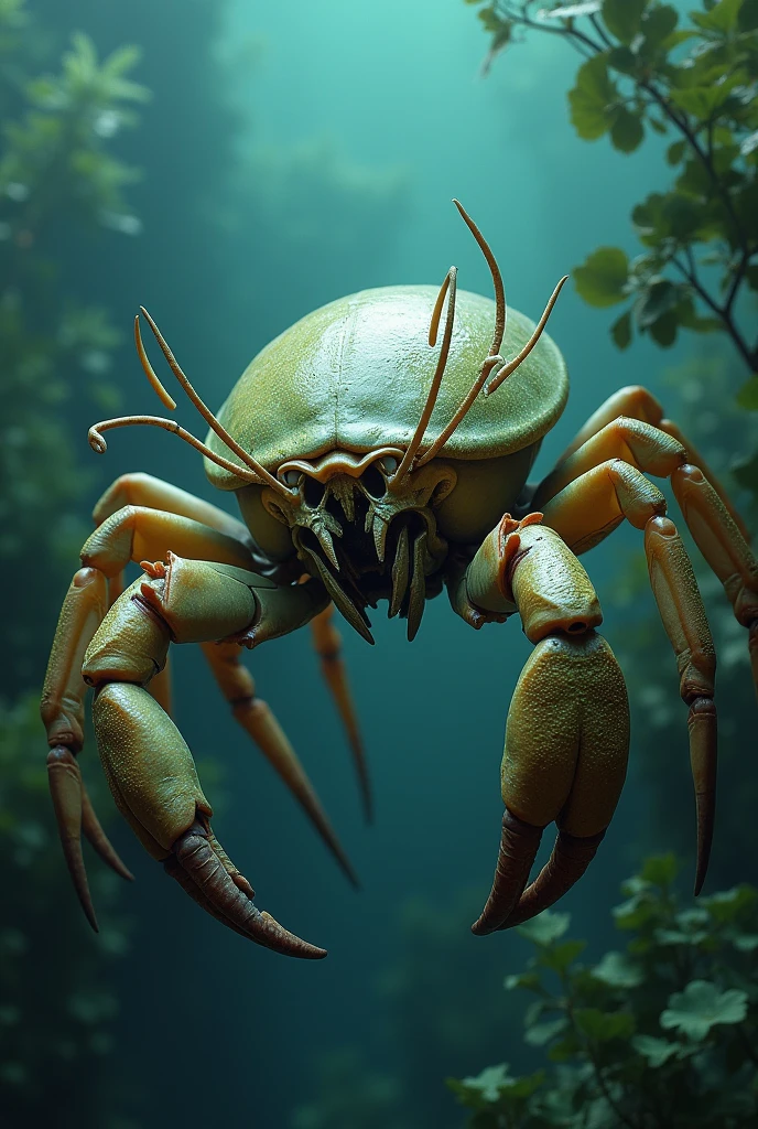 A creature that is a mix between a horseshoe crab and a sea spider, its shell is kelp green and its has eyestalk like a crab. It also has crab like claws and a crab like mouth