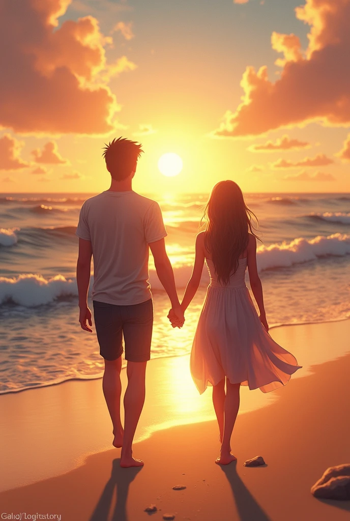 Cadal holding hands walking on the beach in the afternoon and in the background the sun setting over the sea