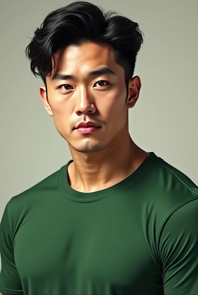 (photorealism:1.2),korean hunky man wearing green t-shirt 