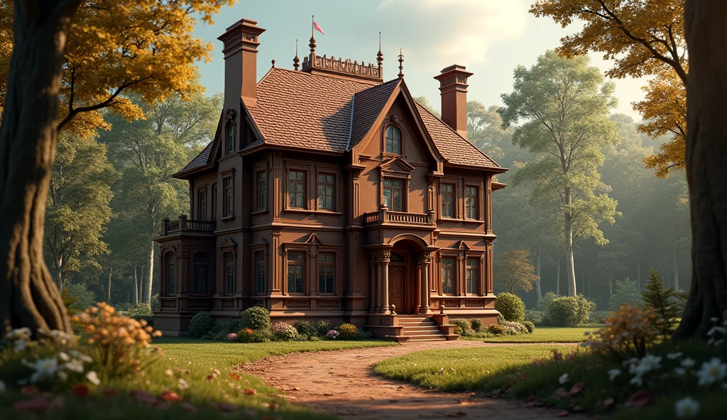 masterpiece, best quality, extremely detailed, hyperrealistic, photorealistic, (royal house), (house made of chocolate), chocolate world, chocolate door, chocolate windows, chocolate roof, at a forest, solar lighting