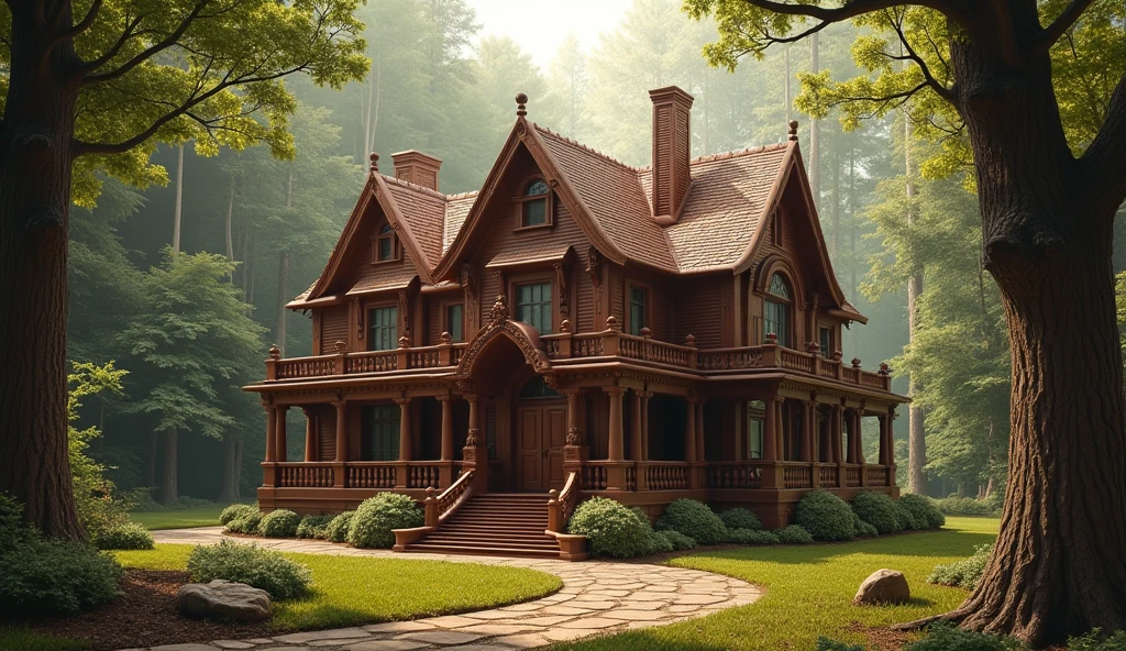 masterpiece, best quality, extremely detailed, hyperrealistic, photorealistic, (royal house), (house made of chocolate), chocolate world, chocolate door, chocolate windows, chocolate roof, at a forest, solar lighting
