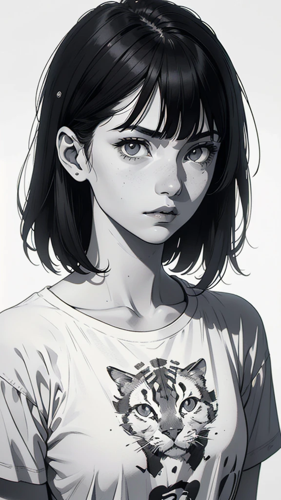1 boyish girl, solo, sharp eyes, expressionless, monochrome, greyscale, short black hair, portrait, white T-shirt, closed mouth, looking at viewer, graphite \(medium\), detailed lips, hatching \(texture\), without makeup, bangs, upper body, (best illustration), (best quality), (very detailed), (masterpiece), expressionless,