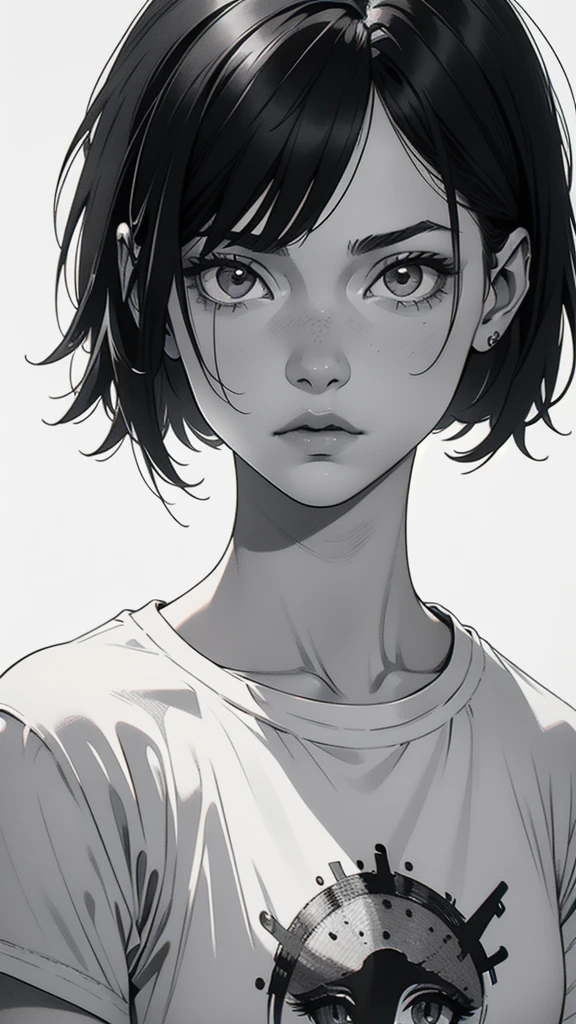 1 boyish girl, solo, sharp eyes, expressionless, monochrome, greyscale, short black hair, portrait, white T-shirt, closed mouth, looking at viewer, graphite \(medium\), detailed lips, hatching \(texture\), without makeup, bangs, upper body, (best illustration), (best quality), (very detailed), (masterpiece), expressionless,