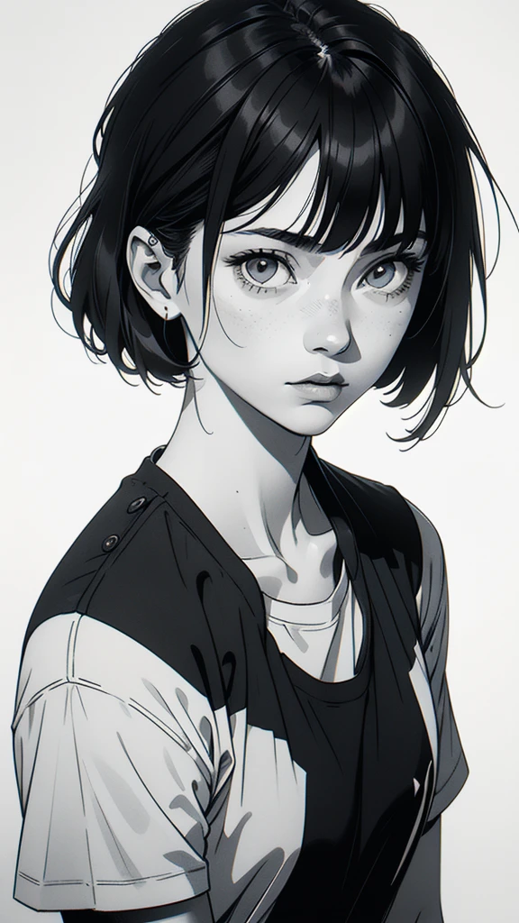 1 boyish girl, solo, sharp eyes, expressionless, monochrome, greyscale, short black hair, portrait, white T-shirt, closed mouth, looking at viewer, graphite \(medium\), detailed lips, hatching \(texture\), without makeup, bangs, upper body, (best illustration), (best quality), (very detailed), (masterpiece), expressionless,