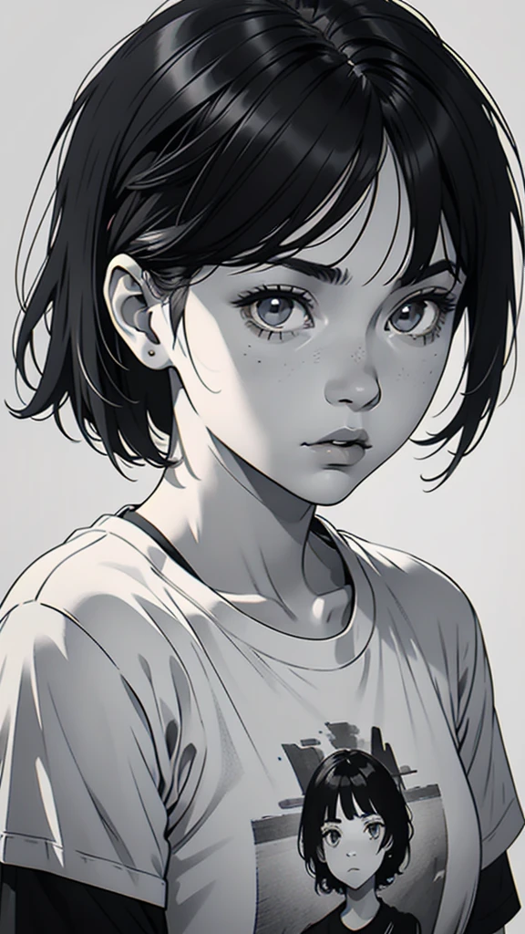 1 boyish girl, solo, sharp eyes, expressionless, monochrome, greyscale, short black hair, portrait, white T-shirt, closed mouth, looking at viewer, graphite \(medium\), detailed lips, hatching \(texture\), without makeup, bangs, upper body, (best illustration), (best quality), (very detailed), (masterpiece), expressionless,