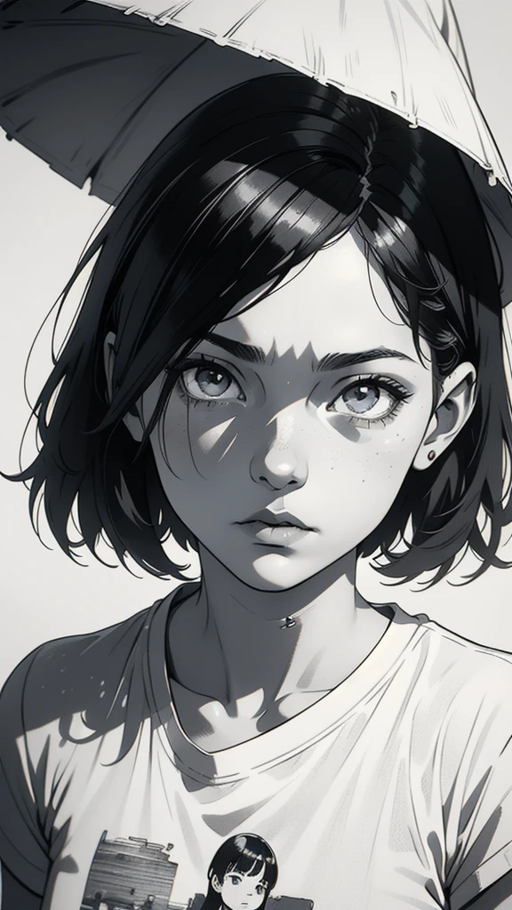 1 boyish girl, solo, sharp eyes, expressionless, monochrome, greyscale, short black hair, portrait, white T-shirt, closed mouth, looking at viewer, graphite \(medium\), detailed lips, hatching \(texture\), without makeup, bangs, upper body, (best illustration), (best quality), (very detailed), (masterpiece), expressionless,