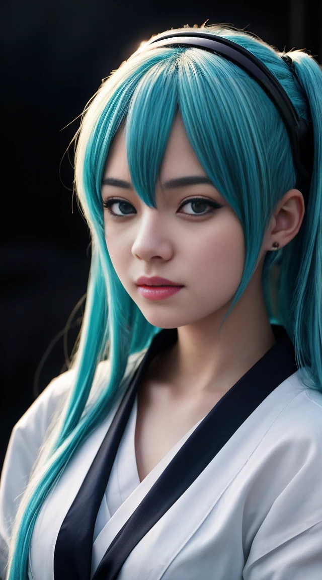 Genius cosplayer girl of Hatsune Miku, intricate detail Highly Detailed Eyes, Faded, Japanese high school white sailor suit, blue tie, 16K resolution, RAW, Nikon Z9, Creative, Masterpiece, Fantasy, High Definition, High Quality, 8k, Realistic, Dramatic Lighting, Soft Focus, Digital Illustration, Intricate Mechanics, Advanced Techniques, Dark Background Cinematic, High Contrast, High Contrast Atmosphere, (Best Quality, 4k, 8k, High Definition, Masterpiece: 1. 2), Ultra-Detailed, (Realistic, Graphic, Photorealistic: 1. 4) -- No Glass --AR 16:9 --Stylize 1000