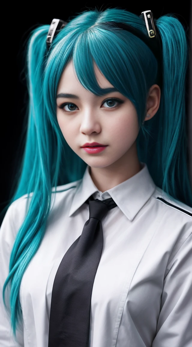Genius cosplayer girl of Hatsune Miku, intricate detail Highly Detailed Eyes, Faded, Japanese high school white sailor suit, blue tie, 16K resolution, RAW, Nikon Z9, Creative, Masterpiece, Fantasy, High Definition, High Quality, 8k, Realistic, Dramatic Lighting, Soft Focus, Digital Illustration, Intricate Mechanics, Advanced Techniques, Dark Background Cinematic, High Contrast, High Contrast Atmosphere, (Best Quality, 4k, 8k, High Definition, Masterpiece: 1. 2), Ultra-Detailed, (Realistic, Graphic, Photorealistic: 1. 4) -- No Glass --AR 16:9 --Stylize 1000