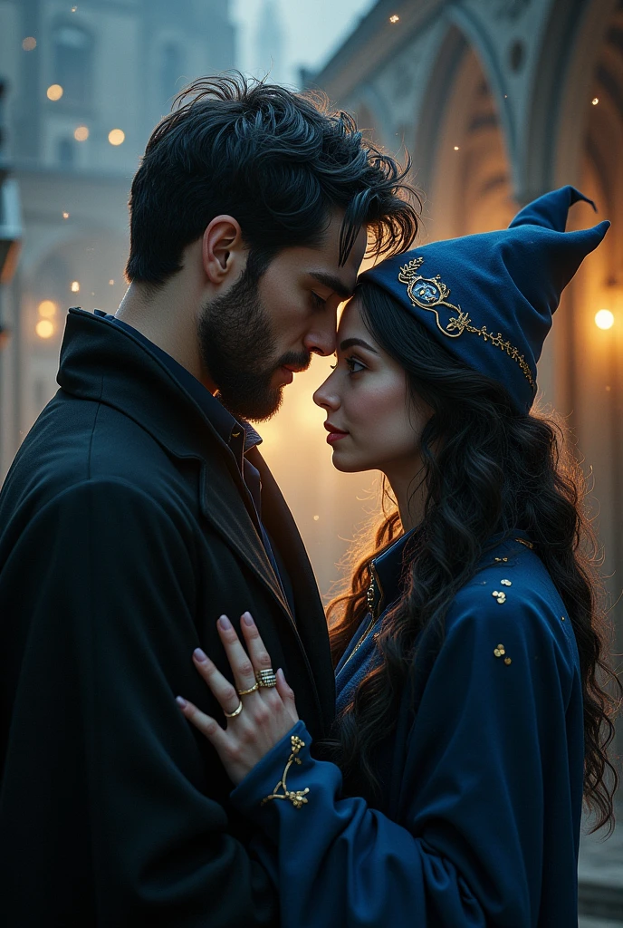 A short black haired male wizard with a beard and a black haired female witch from the house of Ravenclaw married