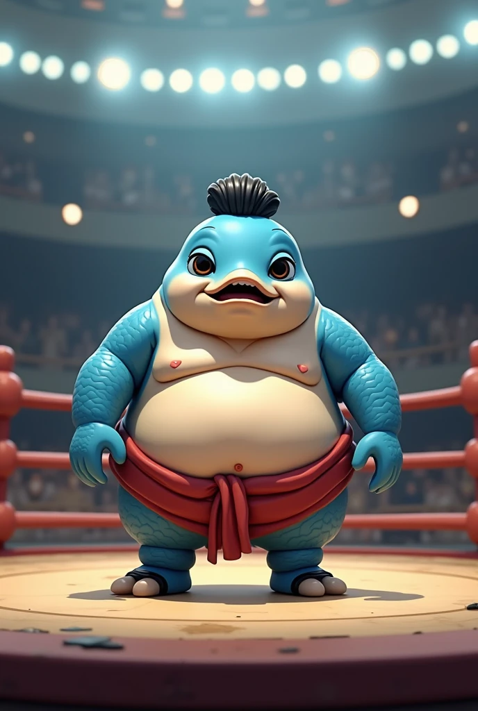 Light blue Fat cartoon fish dressed like WWE wrestler yokozuna 

Fat cartoon fish body. Cartoon fish head. Cartoon fish face. Cartoon fish arms. Cartoon fish hands.

Fat sumo. Bulky. Shirtless. 

Red pants. Black Mawashi. Black taped feet.

Black man bun hairstyle.

Standing in a wrestling ring.