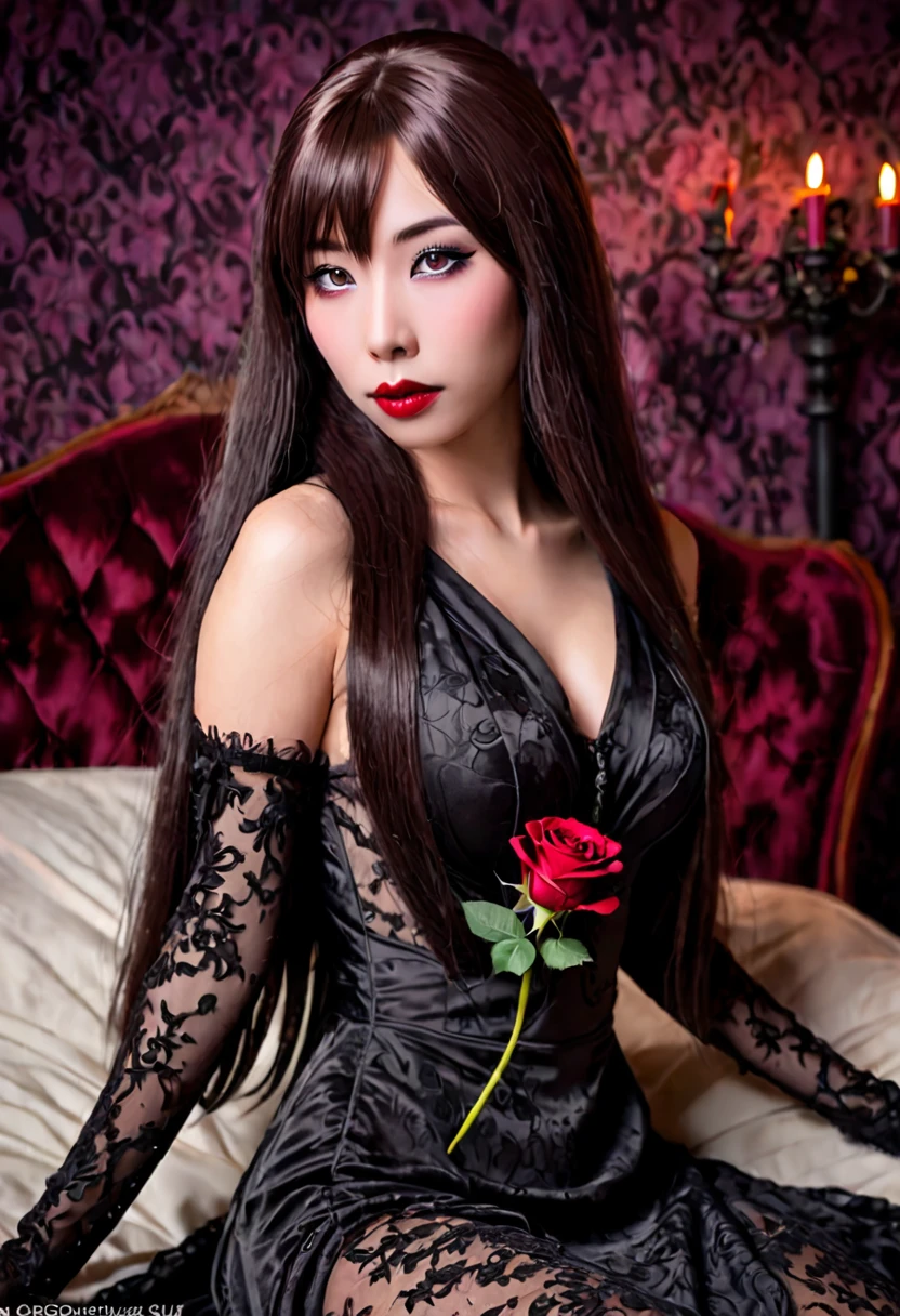 a cute Yuna in cosplay as Morticia Adams, beautiful detailed eyes, beautiful detailed lips, extremely detailed eyes and face, long eyelashes, slinky black dress, deep v down middle, deep thigh slits, sultry pose, holding a black rose, 8k, best quality, high resolution, masterpiece, ultra-detailed, realistic, photorealistic, HDR, studio lighting, extreme detail description, vivid colors, dark gothic, chiaroscuro lighting, moody atmosphere, dramatic lighting