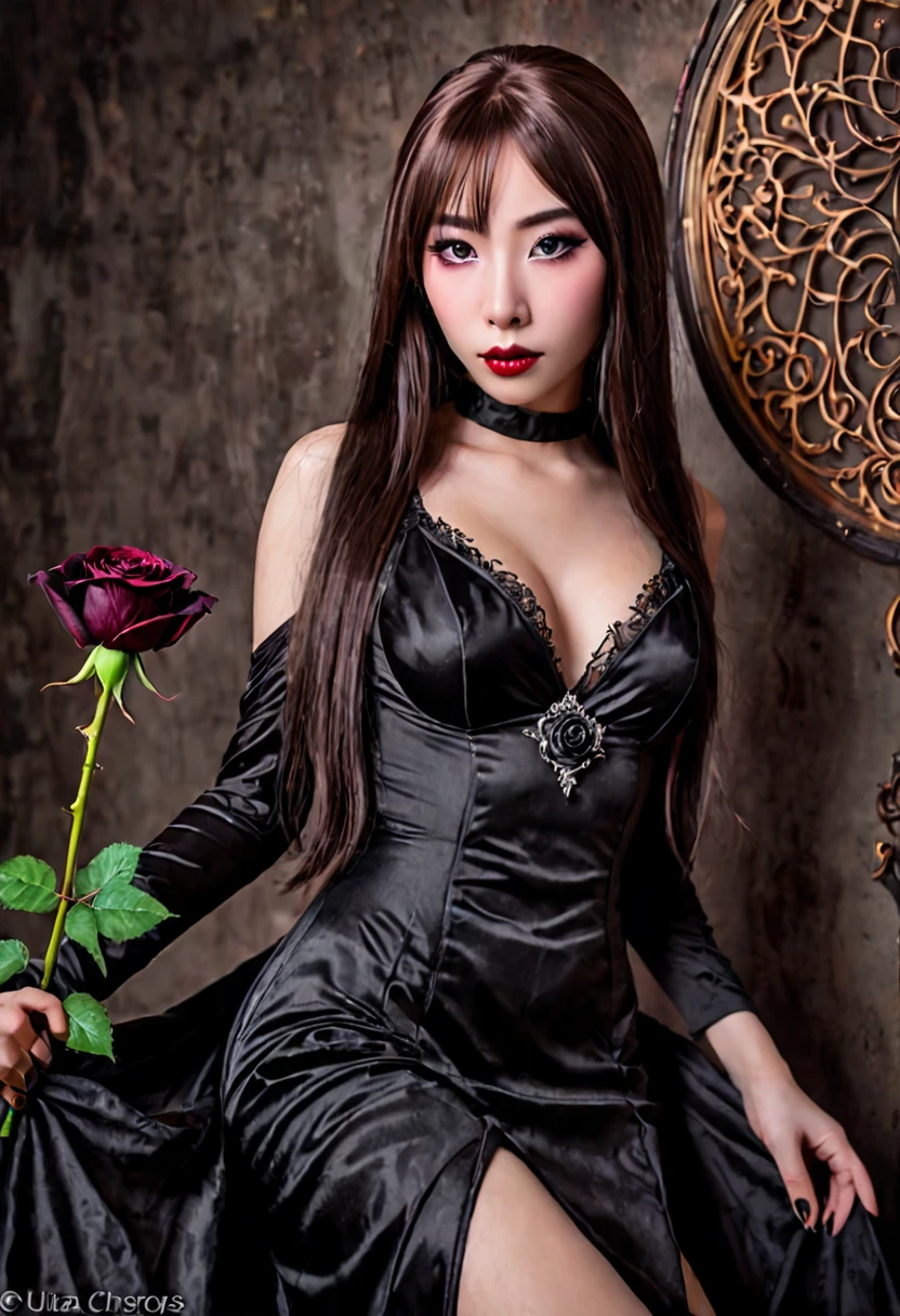 a cute Yuna in cosplay as Morticia Adams, beautiful detailed eyes, beautiful detailed lips, extremely detailed eyes and face, long eyelashes, slinky black dress, deep v down middle, deep thigh slits, sultry pose, holding a black rose, 8k, best quality, high resolution, masterpiece, ultra-detailed, realistic, photorealistic, HDR, studio lighting, extreme detail description, vivid colors, dark gothic, chiaroscuro lighting, moody atmosphere, dramatic lighting