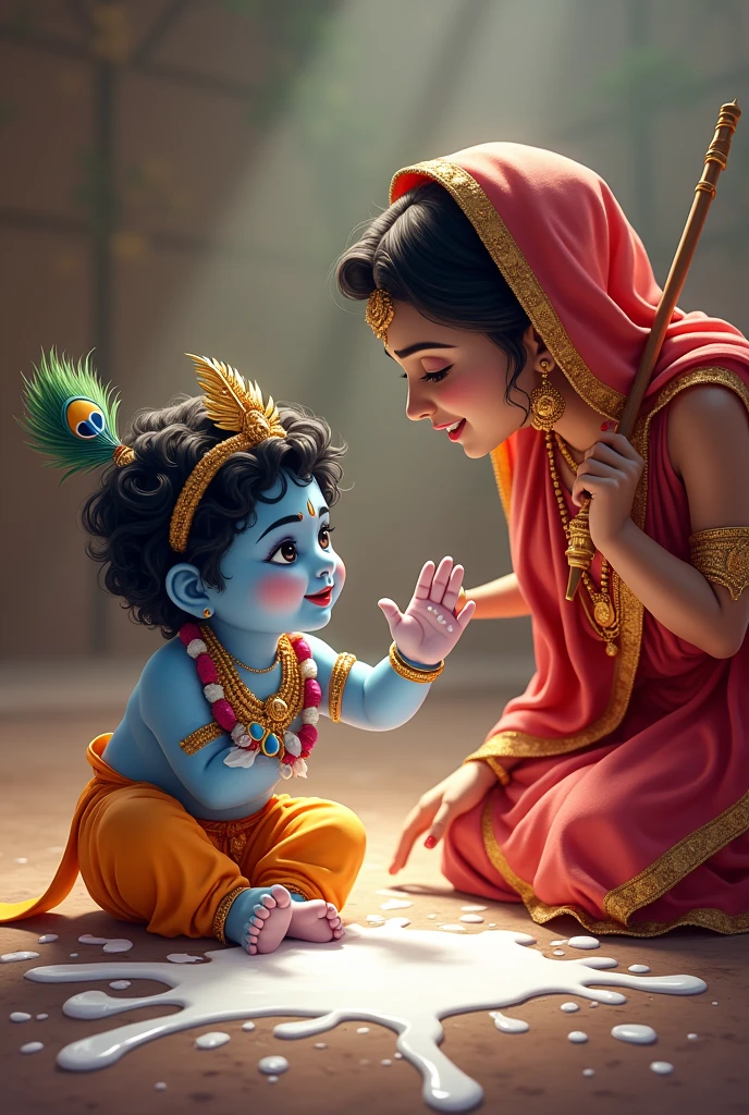 Cute kanha ji, wearing morpankh mukut, with white makhan spread over his mouth and hands in the pot filled with white makhan, sitting on floor, looking up at mata yashoda with sweet smile, mata yashoda standing at little distance wearing beautiful lehnga and jewellery, scolding kanha while showing a stick