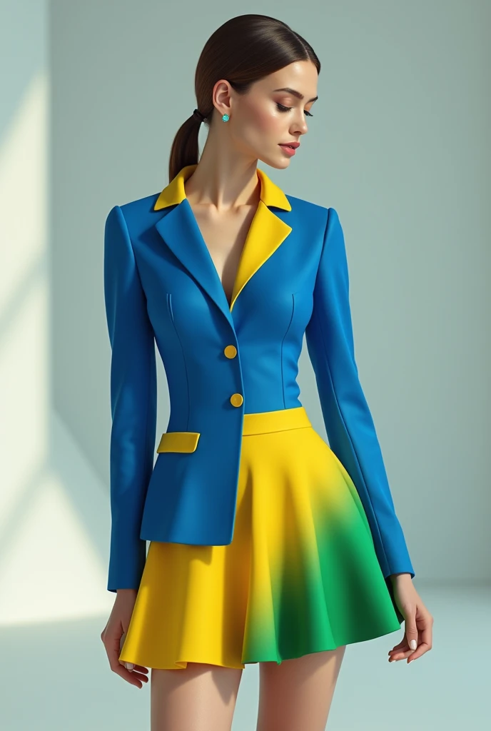 female body. Blue blazer with yellow details on the collar and pockets. Short, flared skirt with green and yellow gradient. elegant set