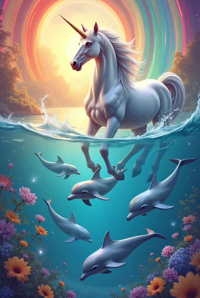 Unicorn and dolphins with rainbow background
