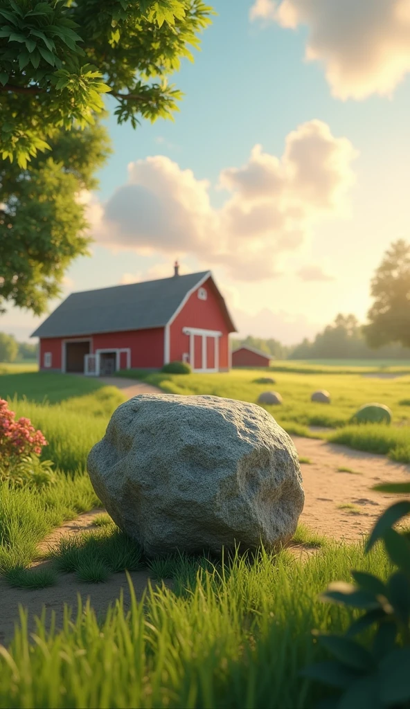 Draw a large stone on the ground at the entrance to a farm barn. The farm should be picturesque and detailed, with green fields and a sunrise sky with soft orange and pink tones, in a 3D animated style.