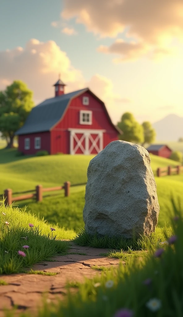 Draw a large stone on the ground at the entrance to a farm barn. The farm should be picturesque and detailed, with green fields and a sunrise sky with soft orange and pink tones, in a 3D animated style.