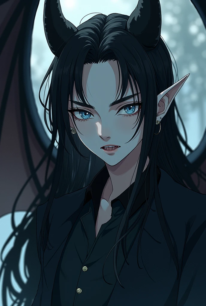 Erik is a male bat-like demon. He is 195 cm tall, has pale white skin; his eyes are a very light pale blue with soft grey sclera, with a subtly smudged eyeliner on the lower waterline. He has pointy ears and long black hair that reaches under his shoulder. His lips are a mid tone of grey and he has pointy fangs. Erik has a pair of black bat wings that are often folded.

Anime style
Jujutsu kaisen drawing style
