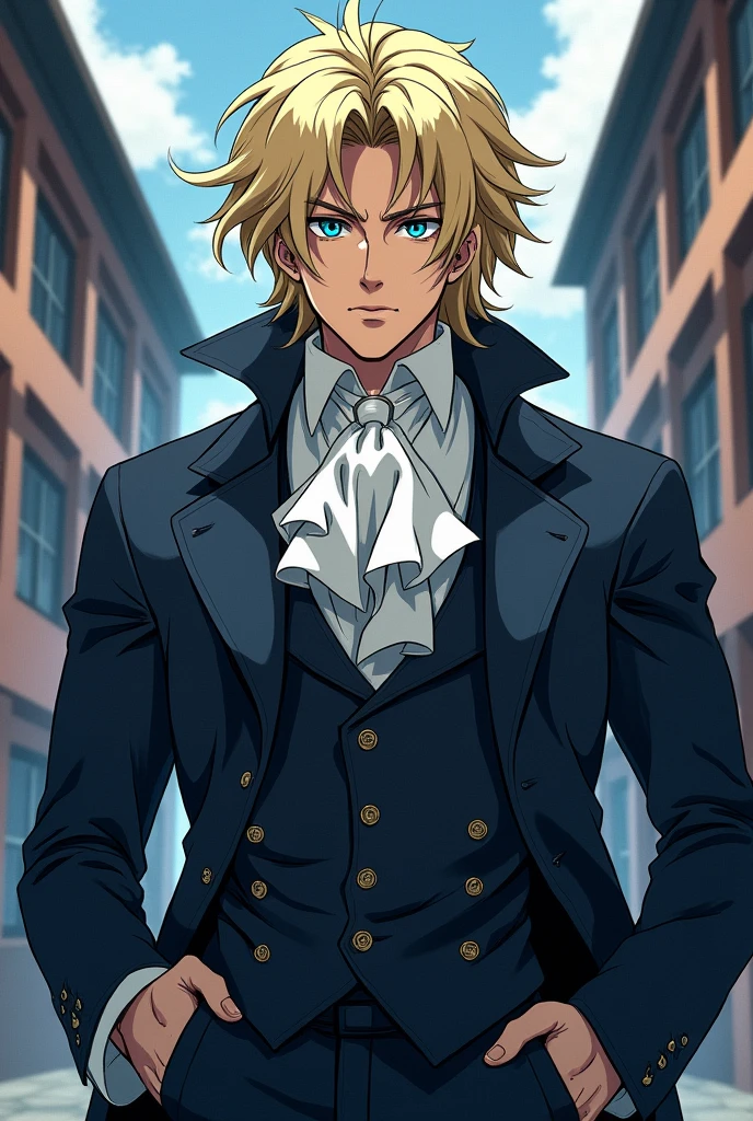 Man with blond and black hair Blue eyes, Victorian clothes wavy hair Jojo anime drawing style r with a school background Cold and serious look Muscular